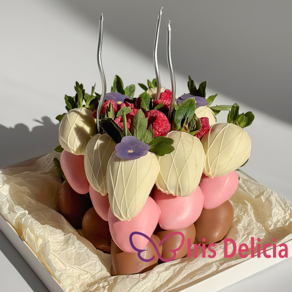 Торт из клубники №1 Свежая клубника 27 шт, бельгийский молочный шоколад, сублимированная малина и клубника, золотой кондурин. Декор: топпер + свечка, примерные размеры 20х20 см (900-1000 г) фото