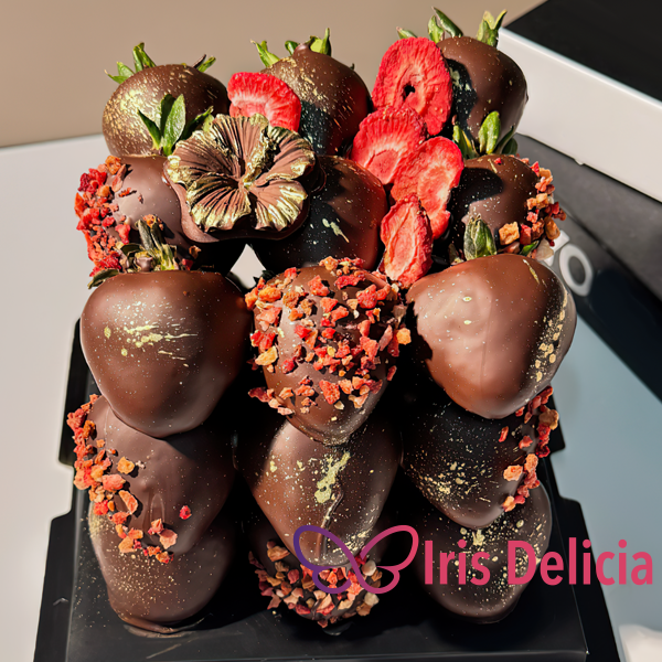 Торт из клубники №4 Свежая клубника 27 шт, бельгийский молочный шоколад, сублимированная малина и клубника, золотой кондурин. Декор: топпер + свечка, примерные размеры 20х20 см (900-1000 г) фото