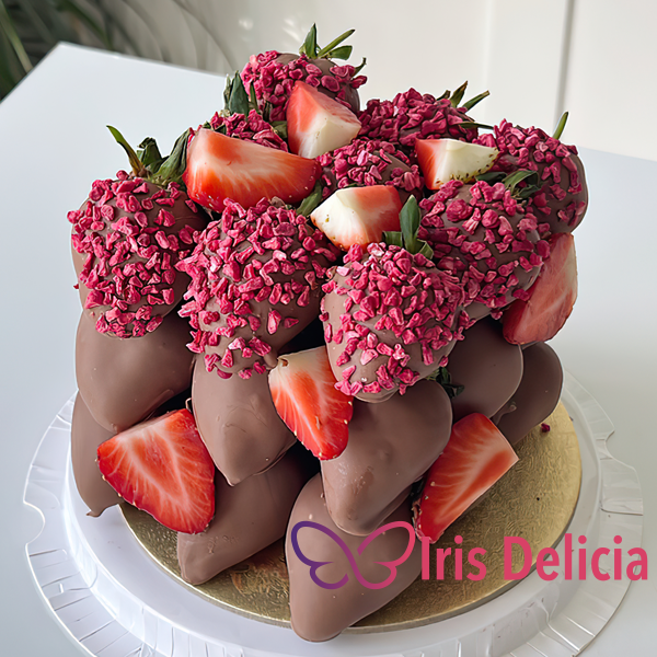 Торт из клубники №9 Свежая клубника 27 шт, бельгийский молочный шоколад, сублимированная клубника. Декор: топпер + свечка, примерные размеры 20х20 см (900-1000 г) фото