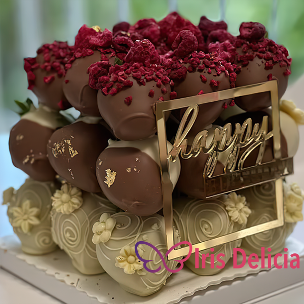 Торт из клубники №10 Свежая клубника 27 шт, бельгийский молочный шоколад, сублимированная малина и клубника, золотой кондурин Декор: топпер + свечка, примерные размеры 20х20 см (900-1000 г) фото