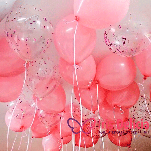 Изображение Композиция из розовых и прозрачных шаров в потолок, 50 штук Кондитерская Iris Delicia